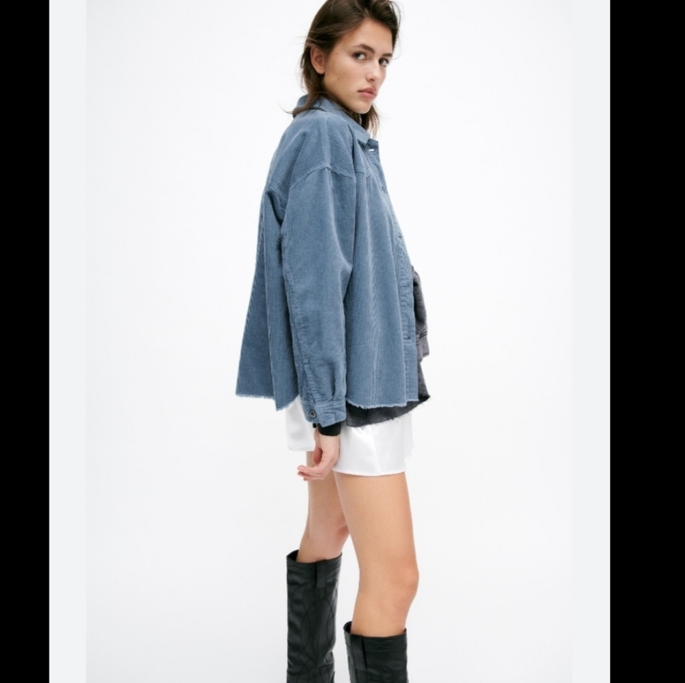 Zara Corduroy Oversized Button Frayed Hem Long  Sleeve Shirt